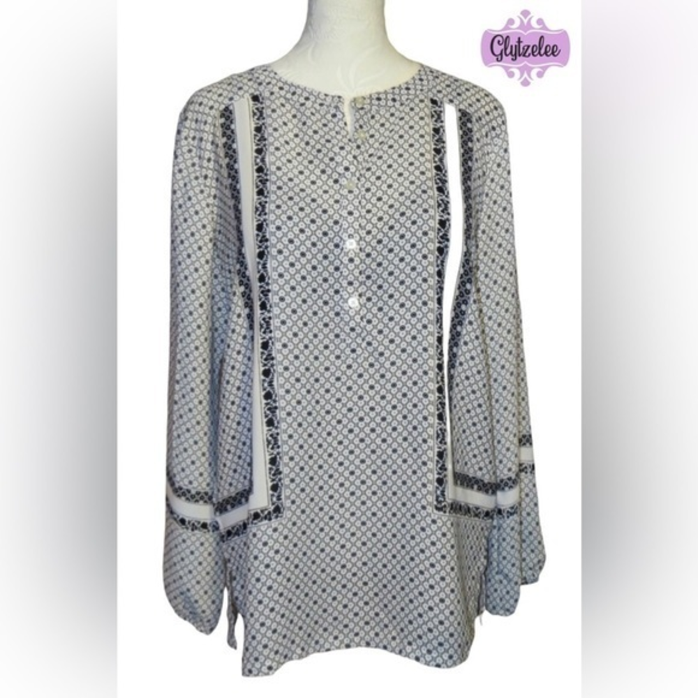 𝅺loft Black and White Floral Partial Button‎ Tunic Puff Sleeve Women’s Size S